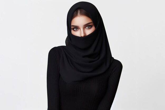 Bela garota de hijab preto só seus olhos são visíveis em um fundo branco