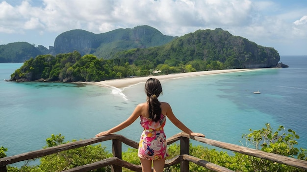 Bela garota de pé no ponto de vista na ilha de Koh Nangyuan perto da ilha de Koh Tao Surat Thani em Tha