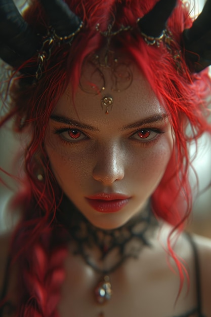 Bela garota demônio jovem mulher com asas e com chifres em vermelho e preto diabo e deus