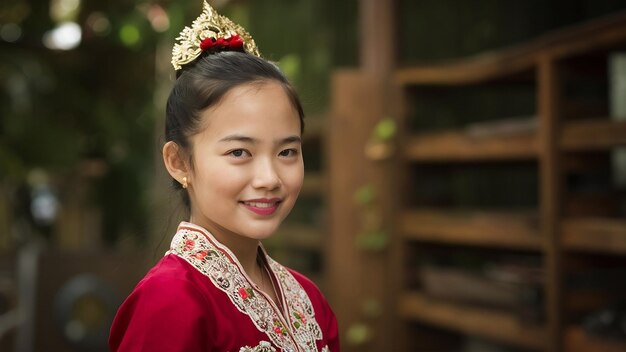 Foto bela garota do laos em trajes tradicionais de estilo vintage em vientiane, laos