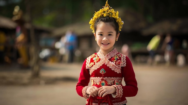 Foto bela garota do laos em trajes tradicionais de estilo vintage em vientiane, laos