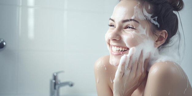 Foto bela garota em banheiro branco está lavando o rosto sorrindo sem maquiagem