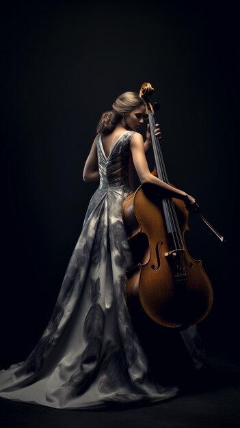 Bela garota em um longo vestido de noite com um violoncelo em um fundo escuro