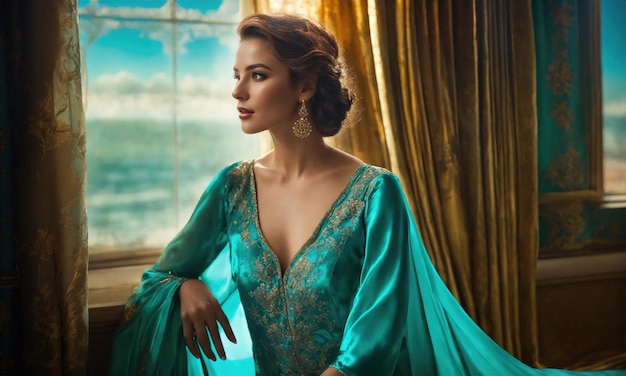 Bela garota em um vestido azul turquesa posando ai generativo