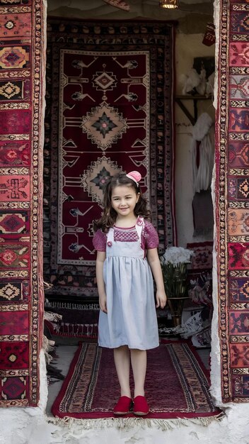 Bela garota em uma loja de tapetes tradicionais na cidade de Goreme, Capadocia, na Turquia