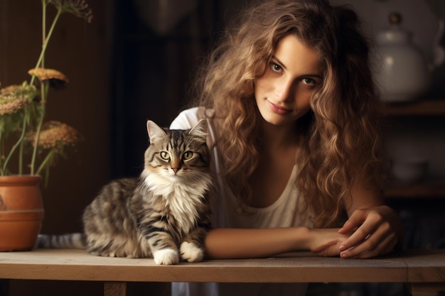 bela garota encaracolada e gato na cozinha