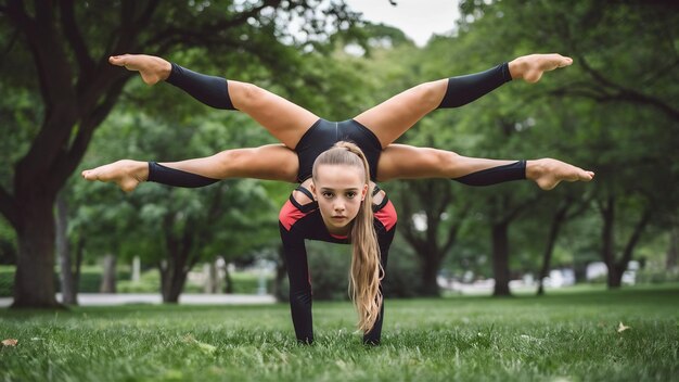 Foto bela garota esportiva de pé em postura de acrobata ou asana de ioga