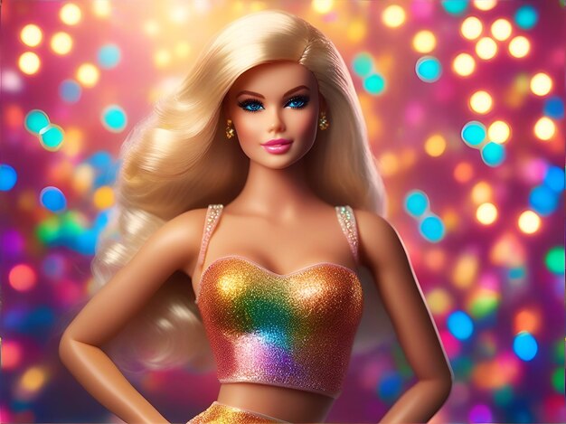 Bela garota loira barbie em um vestido brilhante em um fundo colorido