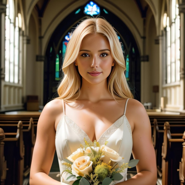 Bela garota loira em vestido de noiva branco com flores