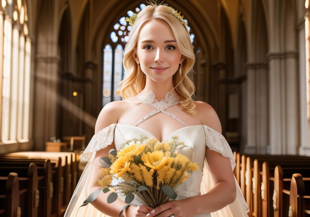 Bela garota loira em vestido de noiva branco com flores