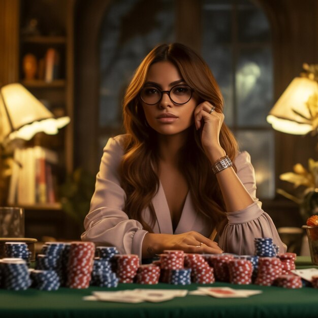 Bela garota morena jogando pôquer posando em uma mesa com pilhas de fichas e cartas