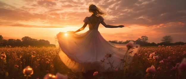 Bela garota no pôr-do-sol desenvolvendo vestido em um campo com flores panorama foto de alta qualidade