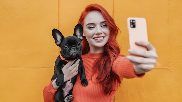 Bela garota ruiva com bulldog francês fazendo selfie