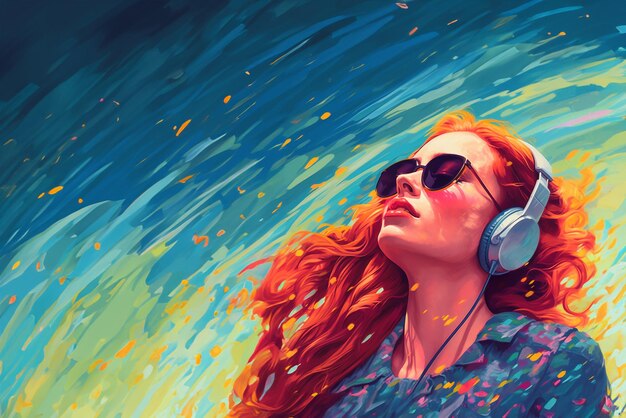 Bela garota ruiva com fones de ouvido e óculos de sol Estilo de pintura a óleo Imagem de IA generativa