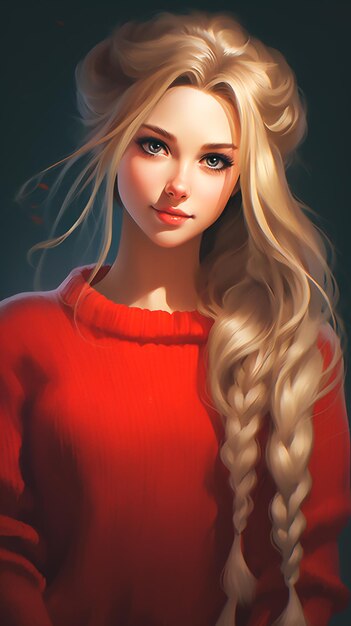 Bela garota sorridente com cabelos longos, cabelos azuis, olhos vermelhos, camisola, fundo simples.