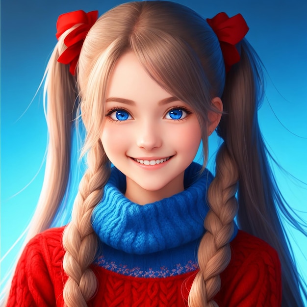 Bela garota sorridente com cabelos longos, caudas gêmeas, olhos azuis, camisola vermelha.