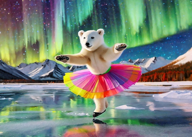 Foto bela garota urso polar patinando sob fantásticas luzes do norte dançando pelo céu