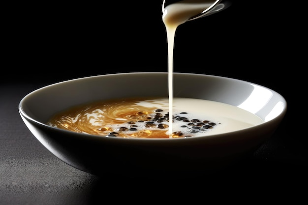 Bela gastronomia molecular sopa coberta de espuma com óleo trufado culinária micromolecular IA generativa