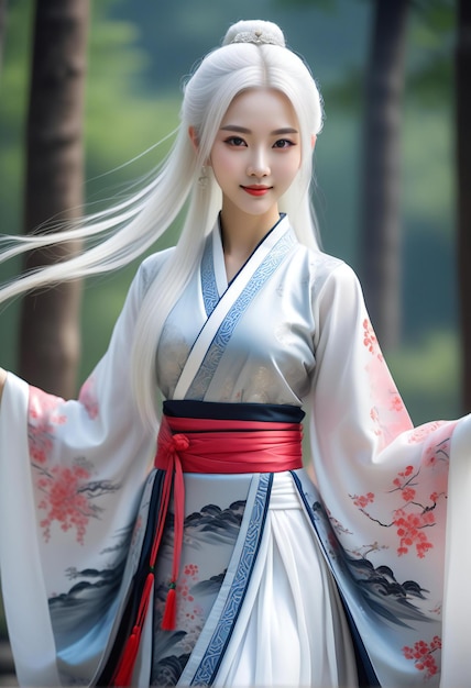 Bela geisha japonesa em kimono no parque