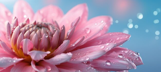 Bela gota de água de orvalho matinal na pétala da flor de crisântemo rosa