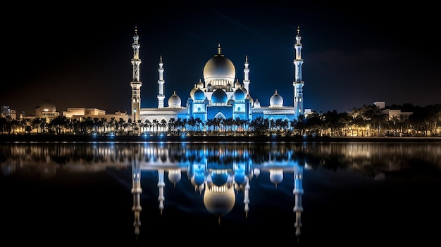 bela grande mesquita Sheikh Zayed à distância com reflexo na noite