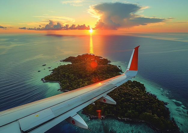 Foto bela ilha com oceano azul através de janela de avião com asa visível