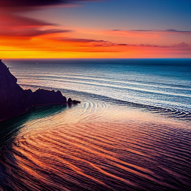 Bela ilha no pôr do sol com luz de fundo e silhueta