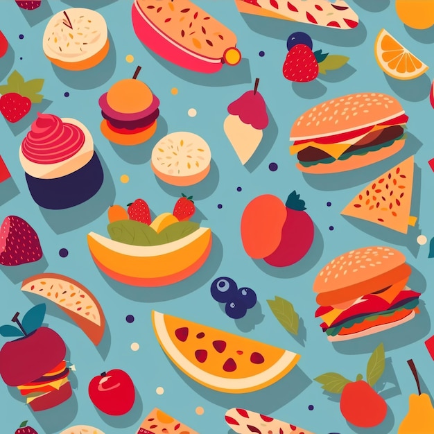 Bela ilustração colorida em vetor de um fundo de papel de parede de comida sem costura