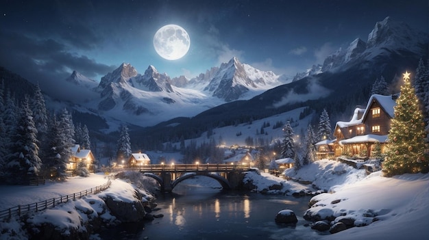 Bela ilustração da Noite Branca de Natal com rio e montanha