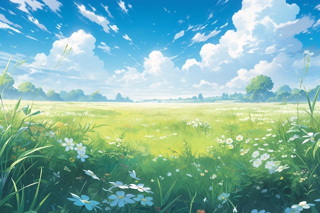 Bela ilustração de cenário ao ar livre em um vasto cenário de terra de verão, verde e lindo desenho animado
