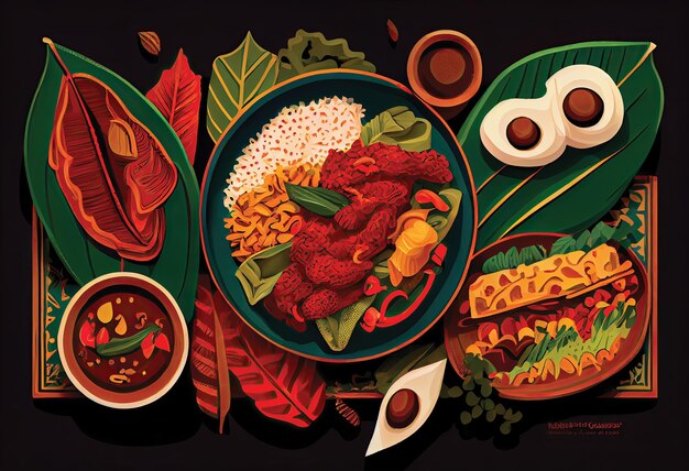 Bela ilustração de comida indonésia composição vibrante da vista superior