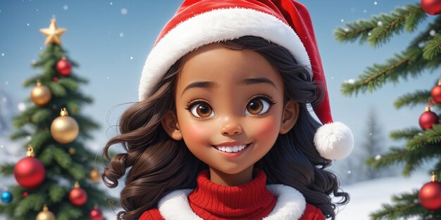 Bela ilustração de Natal com menina sorridente vestida de festa com uma árvore de Natal decorada AI geradora