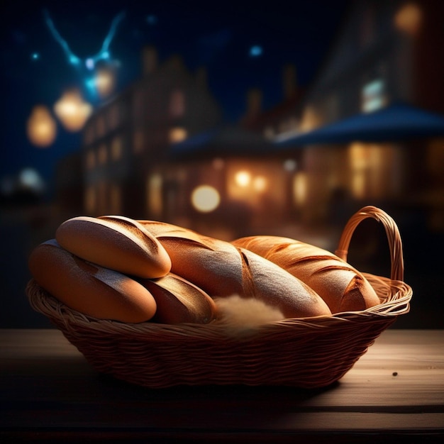 Foto bela ilustração de pão fresco em uma cesta fotografia comercial de alimentos