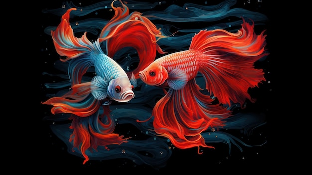 Bela ilustração de peixe betta tailandês em fundo isolado preto com Ai Generated