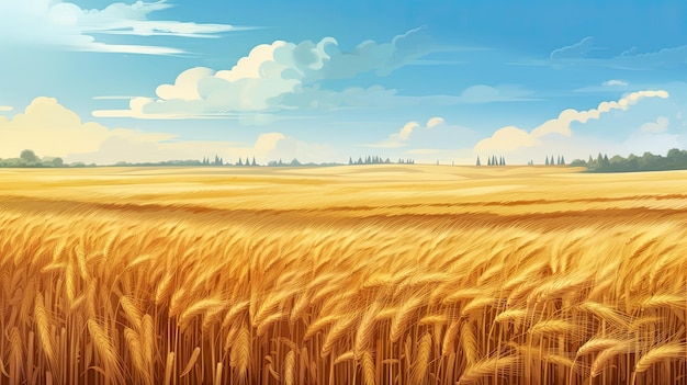 Bela ilustração de um campo de trigo maduro contra o céu azul representando o verão Generative AI