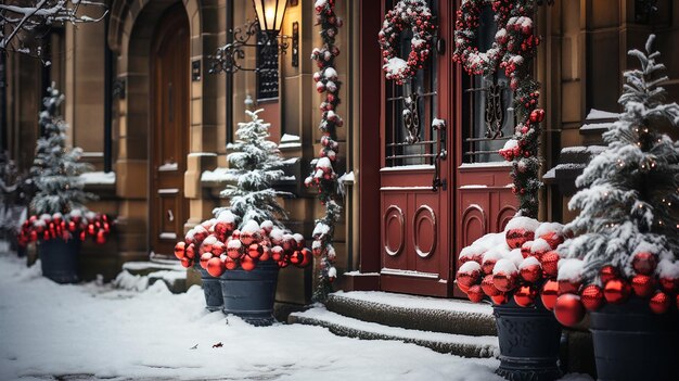 Bela ilustração de uma casa residencial coberta de neve decorada para o Natal com reflexos e luzes festivas Gerada por IA