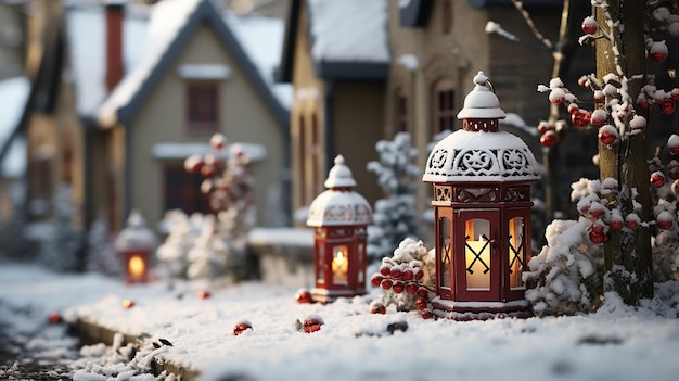Bela ilustração de uma casa residencial coberta de neve decorada para o Natal com reflexos e luzes festivas Gerada por IA