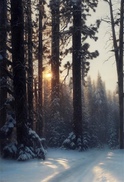 Bela ilustração de uma floresta de abetos ao sol de inverno