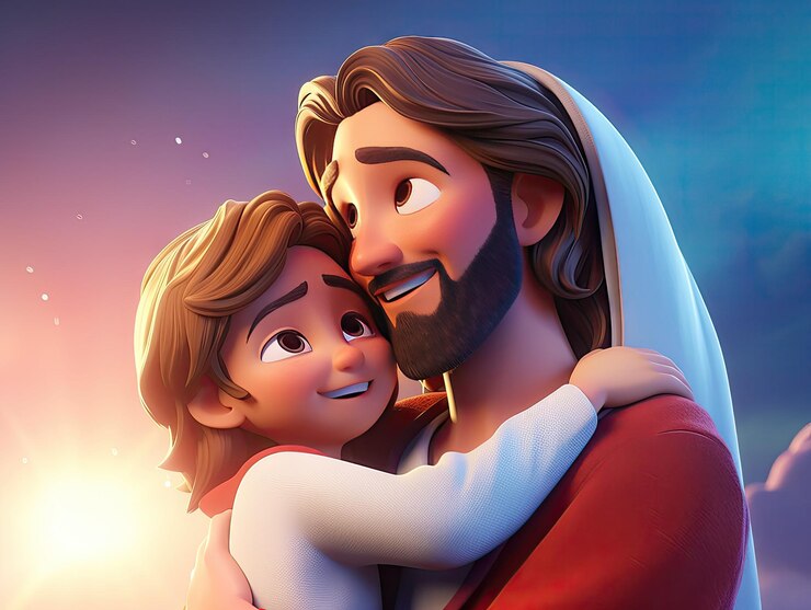 Foto bela ilustração do personagem 3d jesus segurando a menina colorida design de desenho animado