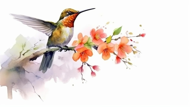 Bela ilustração em aquarela de um beija-flor colorido em uma árvore de pau com flores conceito de uma técnica de pintura em uma tela com fundo branco ia generativa