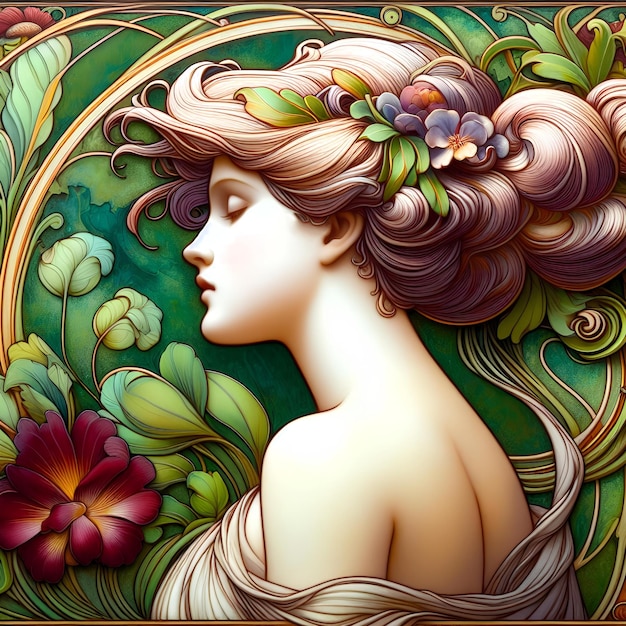 Bela ilustração refletindo uma pintura em estilo Art Nouveau, beleza feminina e flores