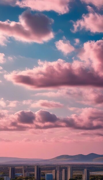 Bela imagem de fundo de um céu azul romântico com nuvens rosa fofas e macias