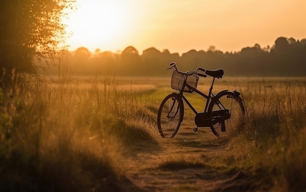 Bela imagem de paisagem com bicicleta ao pôr do sol Generative AI