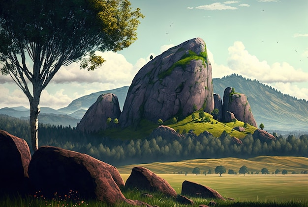 Bela imagem de uma paisagem rural com altas colinas rochosas