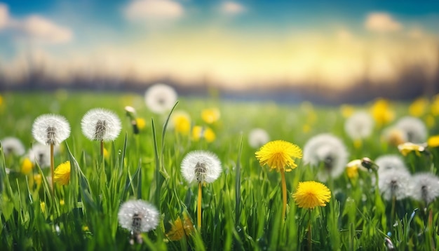 Bela imagem natural brilhante de prado de primavera de grama fresca com dente-de-leão com fundo desfocado