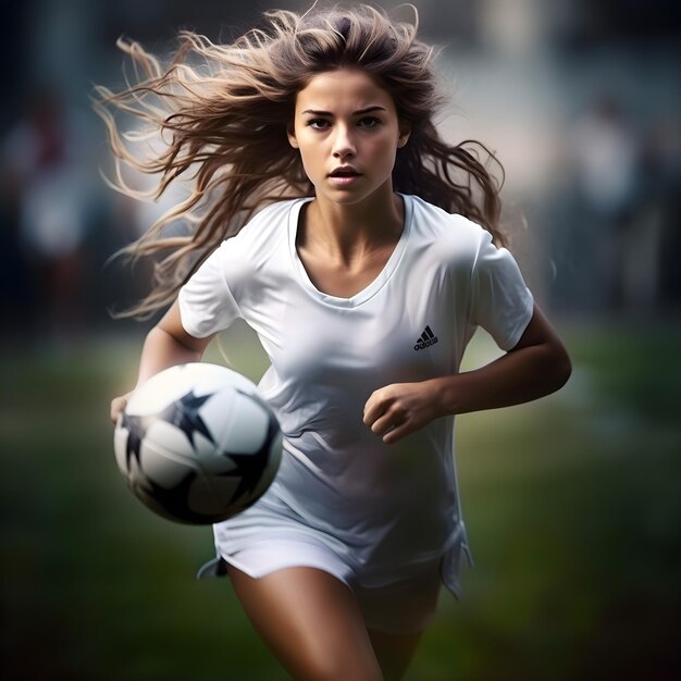 Foto bela jogadora de futebol correndo com uma bola luz cinematográfica hdr
