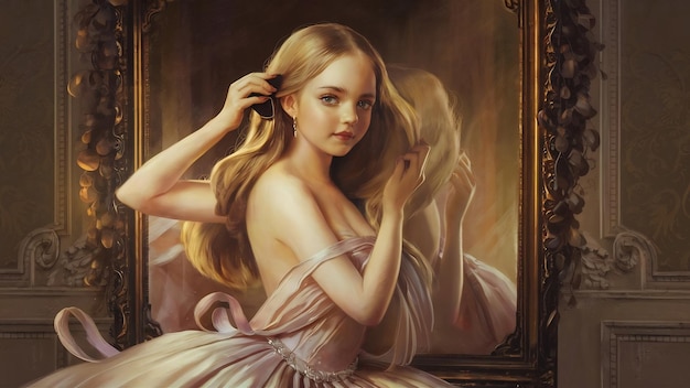 Bela jovem a escovar o cabelo longo na frente do espelho.