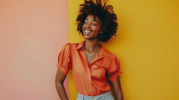 Bela jovem afro-americana com cabelos encaracolados sorri felizmente enquanto está de pé contra um fundo amarelo e rosa