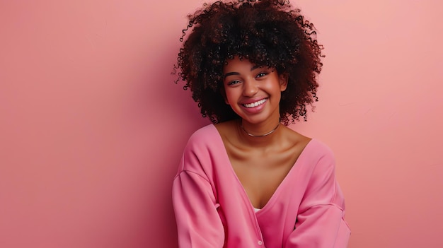 Foto bela jovem afro-americana com cabelos encaracolados sorrindo em fundo rosa