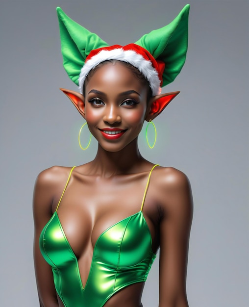 Bela jovem afro-americana com chapéu de Papai Noel e biquíni verde.